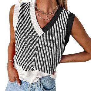 MARZXIN Women Sleeveless Sweater V Neck Casual 2025 Fall Knitted Chevron V Neck